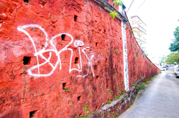 Graffiti on historic walls on Church Street in Christiansted, St. Croix. By Stephanie Hanlon